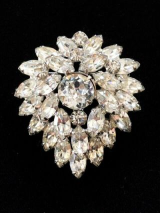 Vintage Signed Weiss Silver - Toned Clear Crystal Rhinestone Pin Brooch