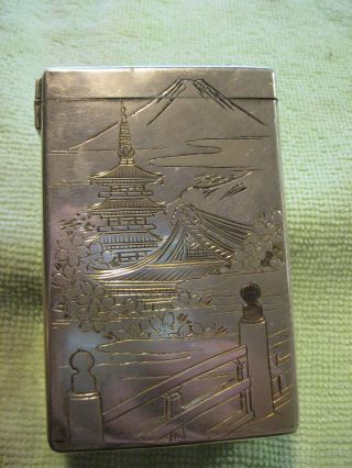 Engraved Japanese 950 Sterling Silver Cigarette Case Signed Mt Fuji & Pagoda