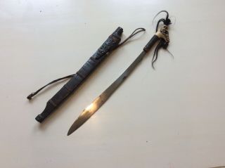 Old Antique Borneo Dayak Mandau Sword Handle Brass Inlaid Blade
