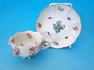 Antique Meissen Cup & Saucer With Encrusted Flowers & Butterflies & Bugs