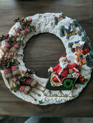 13 " Handpainted Trim A Home Santa Sleigh Raindeer Christmas Resin Wreath Vtg