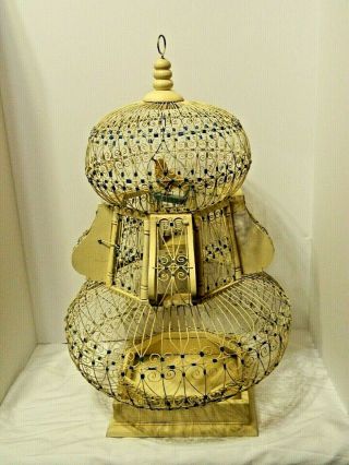 Antique 2 Tier Balloon Style Off White With Blue Accents Wire And Wood Bird Cage