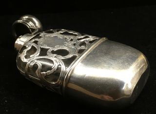 Antique Art Nouveau Sterling Silver Overlay Glass Pocket Flask No Mono