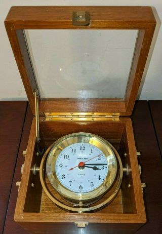 Antique Quartz Ships Time Marine Chronometer Ship Clock Navigation Wood Brass