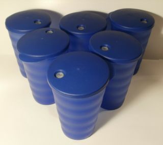 6 Vintage Tupperware Impressions Cobalt Blue 16 Oz.  Cups W/dripless Straw Lids