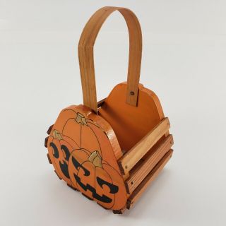 Vintage Halloween Wooden Pumpkin Basket Hand Painted Wood Slats Handle 4½ " Long