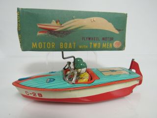 Antique Nomura Japan Tin Wind - Up 7 " Boat With 2 Drivers Mib Sb450