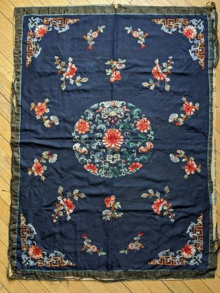 Antique 19th C.  Chinese Qing Silk Embroidered Panel Textile Bats & Flowers