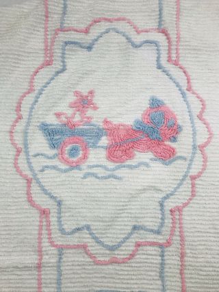 Vintage Chenille Baby Blanket Bedspread Crib Nursery Pastel Blue Pink 42x68