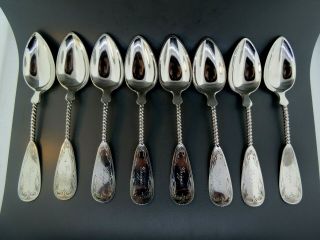 Set Of 8 American Coin Silver Dessert Spoons By Duhme 1840 - 1850 