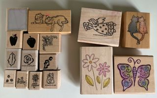 16 Rubber Stamps Stampin Up Mini Wood Mount Leaves Cats Flowers Angel Small Vtg