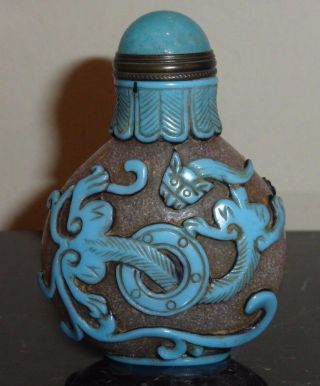 Antique Chinese Carved Peking Glass Snuff Bottle With Overlay Blue Dragons