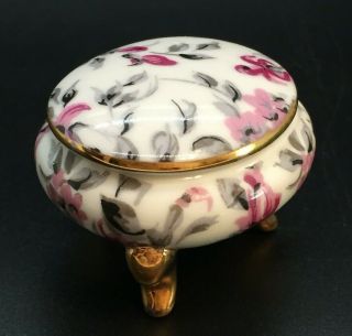 Vintage Srg Miniature Porcelain Trinket Ring Box Footed Floral Gold Trim Japan