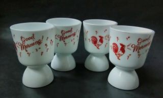 Set Of 4 Vintage Indiana Glass Good Morning Egg Cups Red Rooster Milk Glass