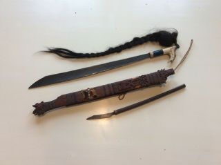 Interesting Old Antique Bone Handled Borneo Dayak Dyak Mandau Sword Long Hair