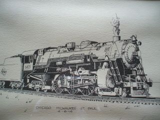 George J.  Sperl Ink Drawing Train Chicago,  Milwaukee St.  Paul