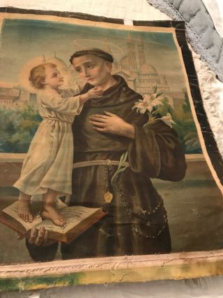 Antique Saint Anthony Oil Painting On Canvas By Fem