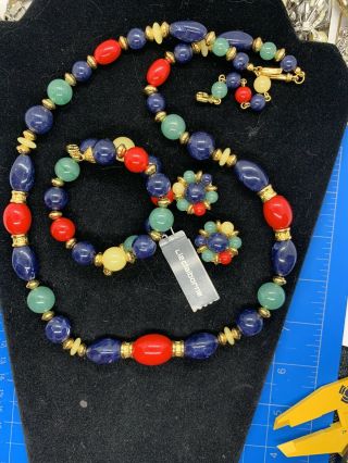 Vintage Signed Liz Claiborne Red Blue Green Lucite Necklace Bracelet Earring Set