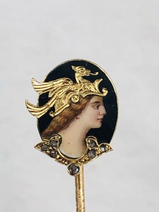 Antique Victorian 14k Yellow Gold Enamel Portrait Stick Pin W/ Rose Cut Diamonds