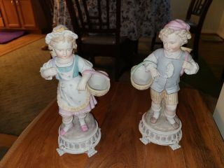 Antique Pair (2) Meissen Porcelain Figurines Boy And Girl With Baskets 9 " Tall
