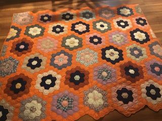 Antique Vintage Quilt 60” X 75” Patchwork Handmade Orange Floral