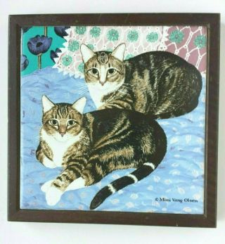 Vintage Avon Mimi Vang Olsen 2 Cat Tile Trivet In Wood Frame 7x7 "