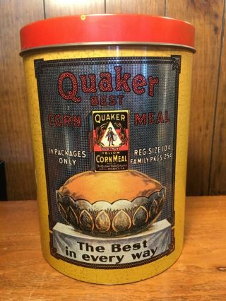 Vintage Cheinco 7.  5 " Tall Round Quaker Best Corn Meal Storage Tin Caniste