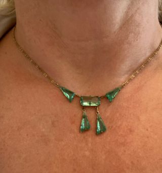 Antique Art Deco Geometric Green Facet Cut Paste Glass Brass Necklace C.  1920