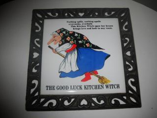 Vintage Good Luck Kitchen Witch Metal/ceramic Trivet 1980