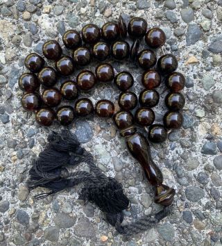 Antique Dark Cherry Amber Bakelite Faturan Round Worry Prayer Beads Necklace