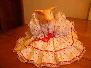 Vintage 1993 Pig Doll W/porcelain Pig Head & Hooves In Heart Dress W/red Trim