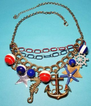 Vintage Necklace Nautical Red White & Blue Bead Anchor/seahorse/stars