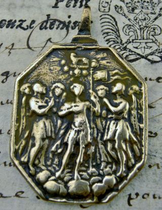 Antique 18th Century 7 Archangels & Catholic Holy Trinity Antique Bronze Medal