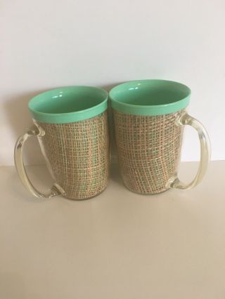 2 Vintage Raffia Ware Insulated Coffee / Tea Cups Thermal Melamine Burlap 1960s