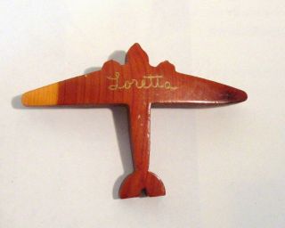 Carved Wood Airplane Sweetheart Brooch - Loretta - Vintage Wwii - 1940s