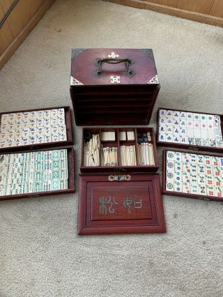 Antique C1900 Chinese Bamboo & Bone Mahjong (mah Jongg) Set