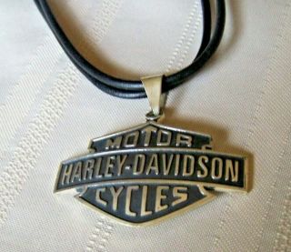 Harley Davidson 925 Large Bar & Shield Pendant Leather Necklace Sterling Silver