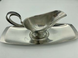Vintage 1960’s Stainless Steel Gravy Boat With Tray Retro Classic