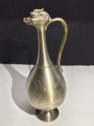 Antique Chinese Bronze Silver Qing Dynasty Dragon Head Vase Ewer Marked