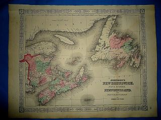 Vintage 1864 Map Brunswick - Nova Scotia Old Antique & Authentic