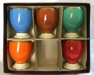 Vintage Set Of 5 Egg Cups Made In Romania Assorted Colors Gold Trim Euc