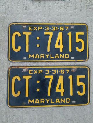 Vintage 1967 Maryland License Plate Pair.  Ct:7415