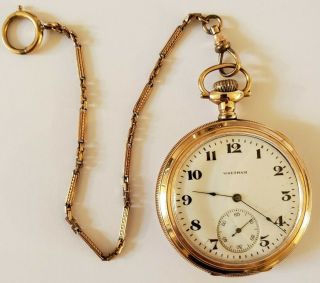 Antique 1914 Waltham Gents Gold G.  F.  1894 Deco 15j Pocket Watch W/ Chain