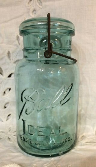 Vintage Ball Ideal Blue Glass Quart Canning Jar 7 With Lid & Wire Bail