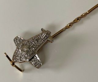 Very Rare Antique 9ct Gold Stick Pin Brooch With Diamonds Aeroplane Novelty