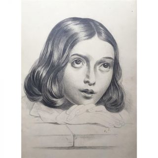 Antique Master Portrait Drawing Of A Young French Girl 1847