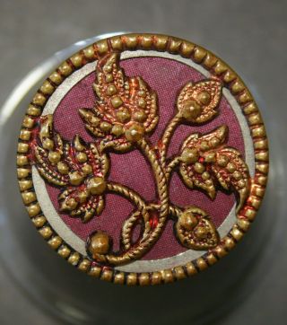 Vintage Antique Large Tinted Pink Floral Brass Button