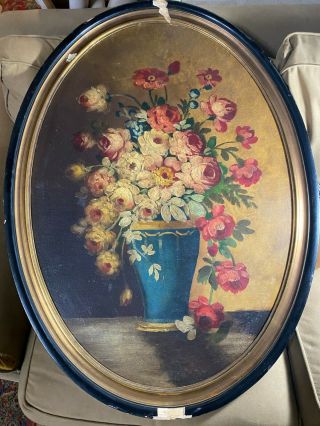 Antique Large Oval " Still - Life With Vase Of Flowers Scene " Oil Painting - Framed