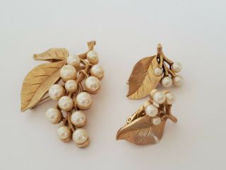 Vintage Crown Trifari Gold Tone & Faux Pearl Berry Leaf Brooch & Earrings Set