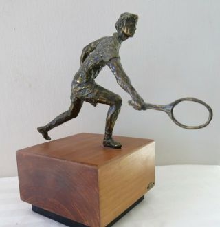 Mid Century Signed C Jere Bronze Brass Tennis Player Sculpture On Wood Base